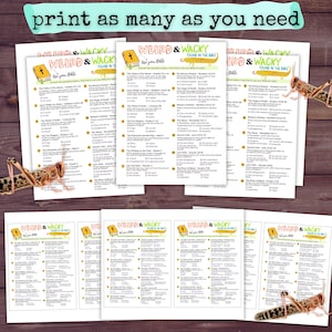 May include: A stack of printed worksheets with the title "Weird & Wacky Found in the Bible" and a teal banner that reads "print as many as you need". The worksheets have a yellow and white design.