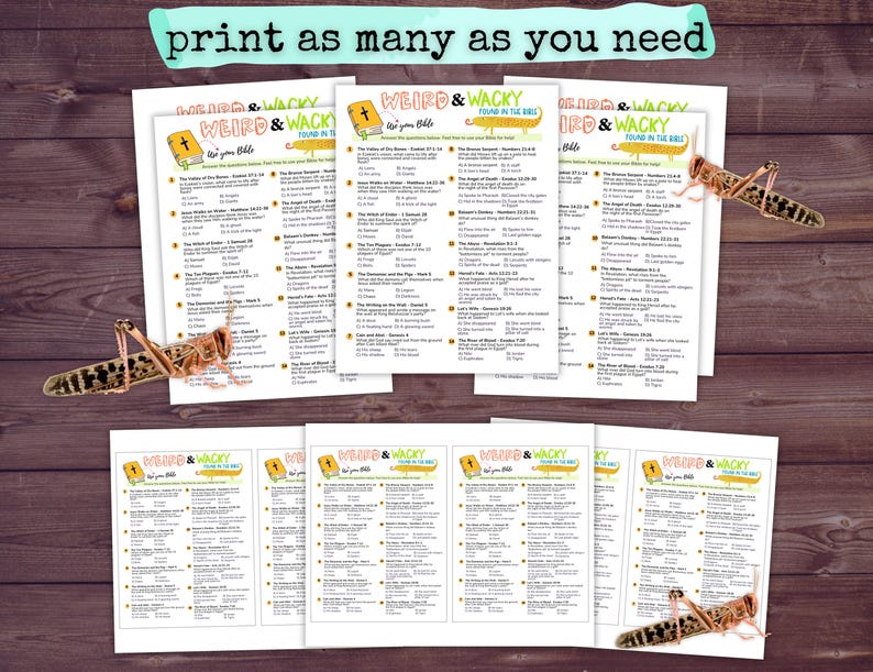 May include: A stack of printed worksheets with the title "Weird & Wacky Found in the Bible" and a teal banner that reads "print as many as you need". The worksheets have a yellow and white design.