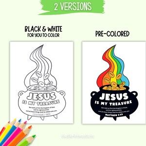 May include: Two versions of a religious-themed illustration are shown. One is black and white, designed for coloring, featuring a pot with the text "JESUS IS MY TREASURE" and a Bible verse. The other is pre-colored with a rainbow flame.