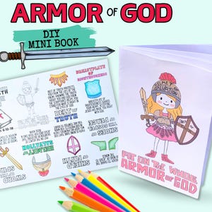 Könnte beinhalten: Ein DIY-Minibüchlein über die Rüstung Gottes. Das Buch enthält Illustrationen eines Ritters in Rüstung und der verschiedenen Rüstungsteile, mit Bibelversen und Beschreibungen. Der Einband des Buches hat einen rosafarbenen Hintergrund mit dem Text "Legt die ganze Rüstung Gottes an".