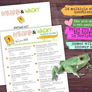 May include: A printed study guide with multiple-choice questions about the Bible, titled "Weird & Wacky." The answer key is included. A green frog is in the corner. The guide has colorful text and graphics.