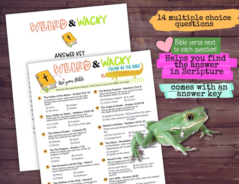 May include: A printed study guide with multiple-choice questions about the Bible, titled "Weird & Wacky." The answer key is included. A green frog is in the corner. The guide has colorful text and graphics.