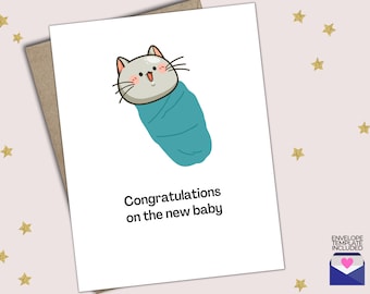 Congratulations on New Cat Card, New Kitten Card, Swaddled Cat Card, Congratulations on the New Baby, New Pet Parent Card, New Fur Baby!