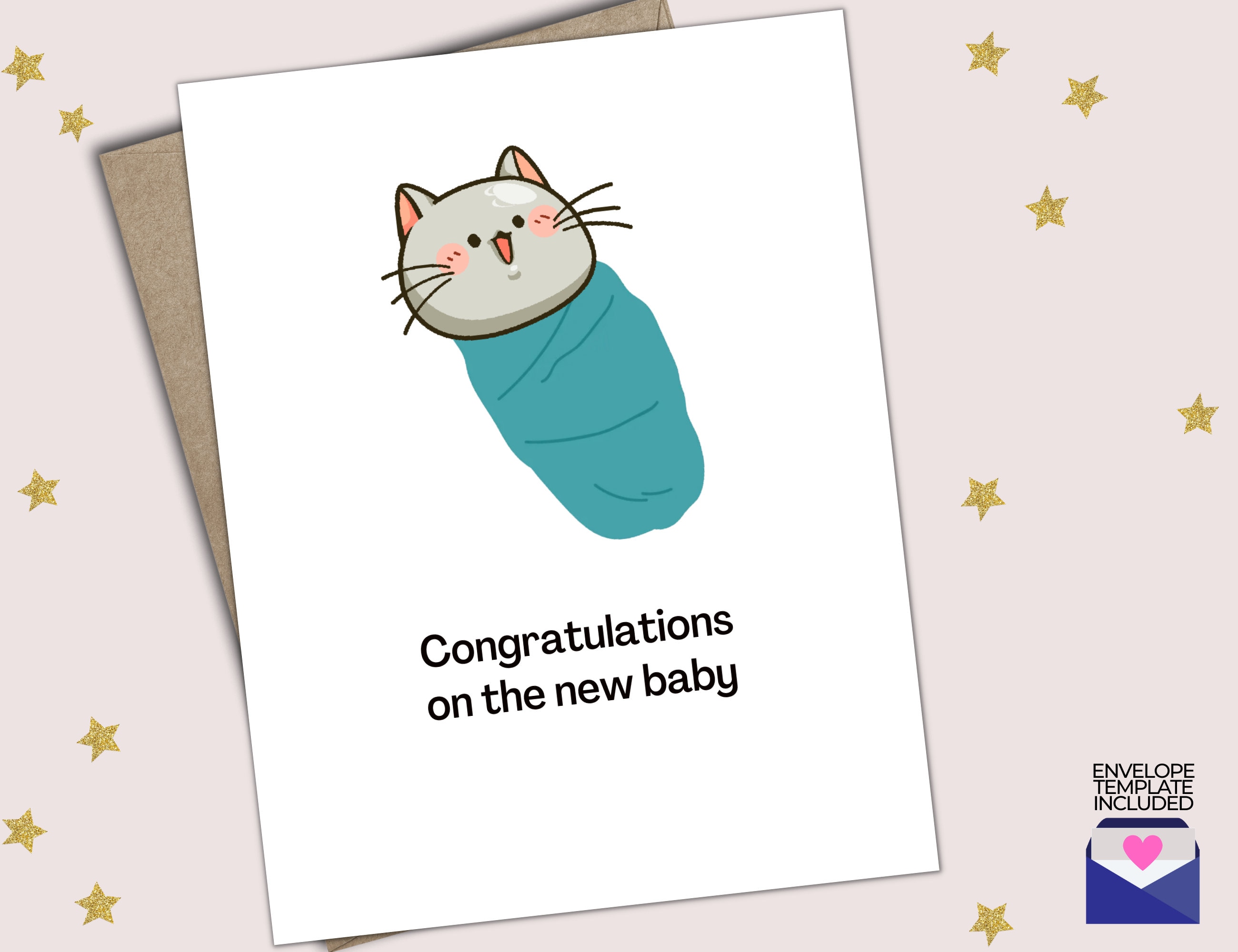 Congratulations on New Cat Card, New Kitten Card, Swaddled Cat Card