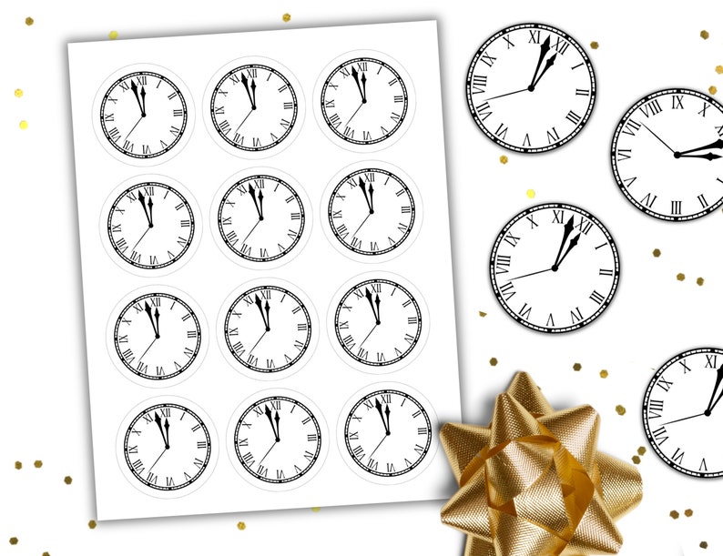 New Years Clock Countdown, New Years Eve Favor, Clock Round Gift Tag ...