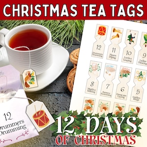 12 Days of Christmas Tea Bag Tags & Envelopes, Christmas Tea Gift, Tea Advent Calendar, Printable Tea Tags for Christmas Gift for Tea Lovers