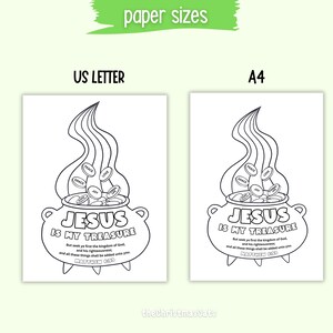 May include: Two black and white coloring pages labeled US Letter and A4. Each page features a cauldron with the text "JESUS IS MY TREASURE" and Bible verse. The cauldron has coins with words like "GRACE" and "PEACE".