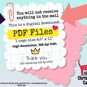 May include: A digital download announcement with the text "PDF Files" and "1 page size 8.5" x 11". The design includes a pink paperclip, a pink arrow, and a cartoon cat with floral patterns. The text says "Thank you" and "the Christmas Cats".