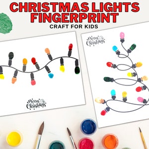May include: Two printable Christmas light templates for kids to use their fingerprints to create a string of lights and a Christmas tree. The templates include the text "Merry Christmas".