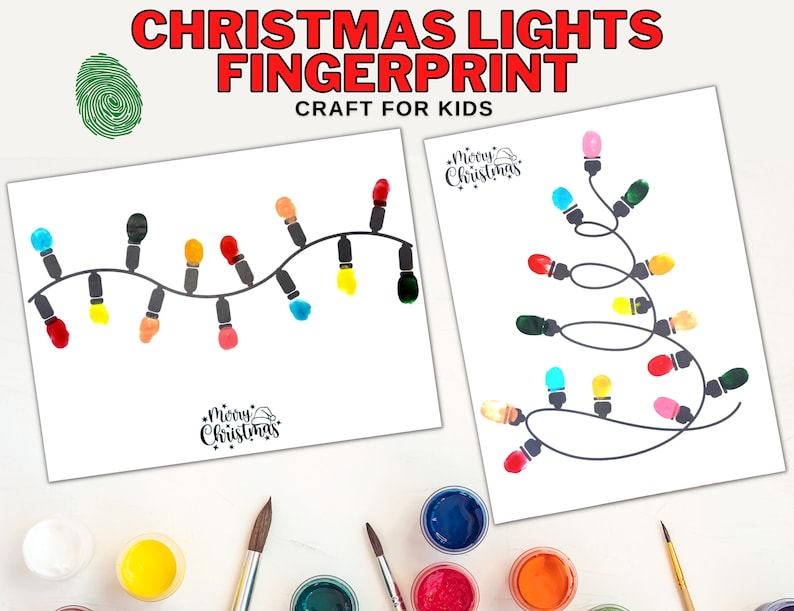 May include: Two printable Christmas light templates for kids to use their fingerprints to create a string of lights and a Christmas tree. The templates include the text "Merry Christmas".