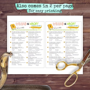 May include: Two-page printout with the text "WEIRD & WACKY FOUND IN THE BIBLE" and trivia questions. The printout is on a wooden surface with a snake and gold scissors.