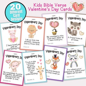 Cartes de versets bibliques pour enfants Saint-Valentin, cartes bibliques imprimables chrétiennes Saint-Valentin versets bibliques imprimables avec animaux et amour