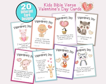 Kids Valentine's Day Bible Verse Cards, Christian Valentines Day Printable Scripture Cards Bible Verse Printable Cards with Animals and Love