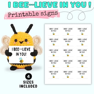 Placas imprimíveis para abelhas de crochê, placas de amigurumi para abelhas, etiquetas de bolso para artesanato de abelhas, cartões de apoio para abelhas, cartão de exibição de abelhas