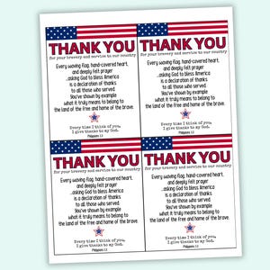 Pode incluir: Quatro cart&otilde;es de agradecimento imprim&iacute;veis com um design de bandeira americana. Os cart&otilde;es apresentam o texto "Obrigado" e uma mensagem de gratid&atilde;o pela bravura e servi&ccedil;o ao pa&iacute;s. O texto tamb&eacute;m inclui uma citaat sobre agradecer a Deus.