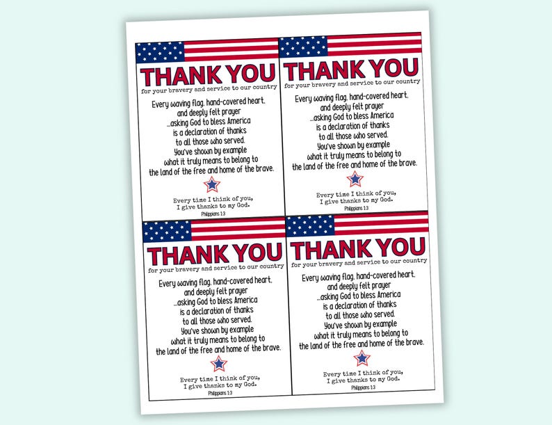 Pode incluir: Quatro cart&otilde;es de agradecimento imprim&iacute;veis com um design de bandeira americana. Os cart&otilde;es apresentam o texto "Obrigado" e uma mensagem de gratid&atilde;o pela bravura e servi&ccedil;o ao pa&iacute;s. O texto tamb&eacute;m inclui uma citaat sobre agradecer a Deus.