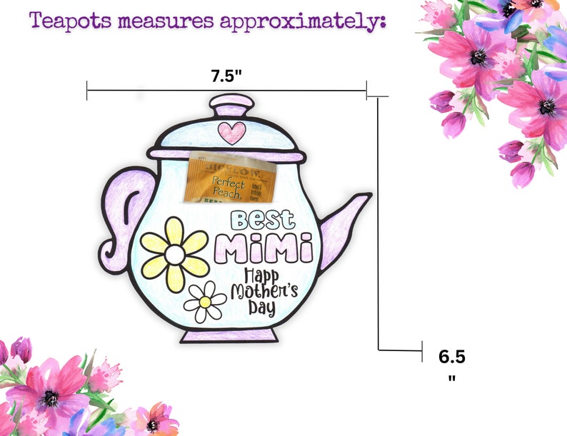 May include: A light blue teapot with a pink lid and handle. The teapot has a yellow daisy design and the words "Best Mimi" and "Happy Mother's Day". The teapot is 7.5 inches tall and 6.5 inches wide.