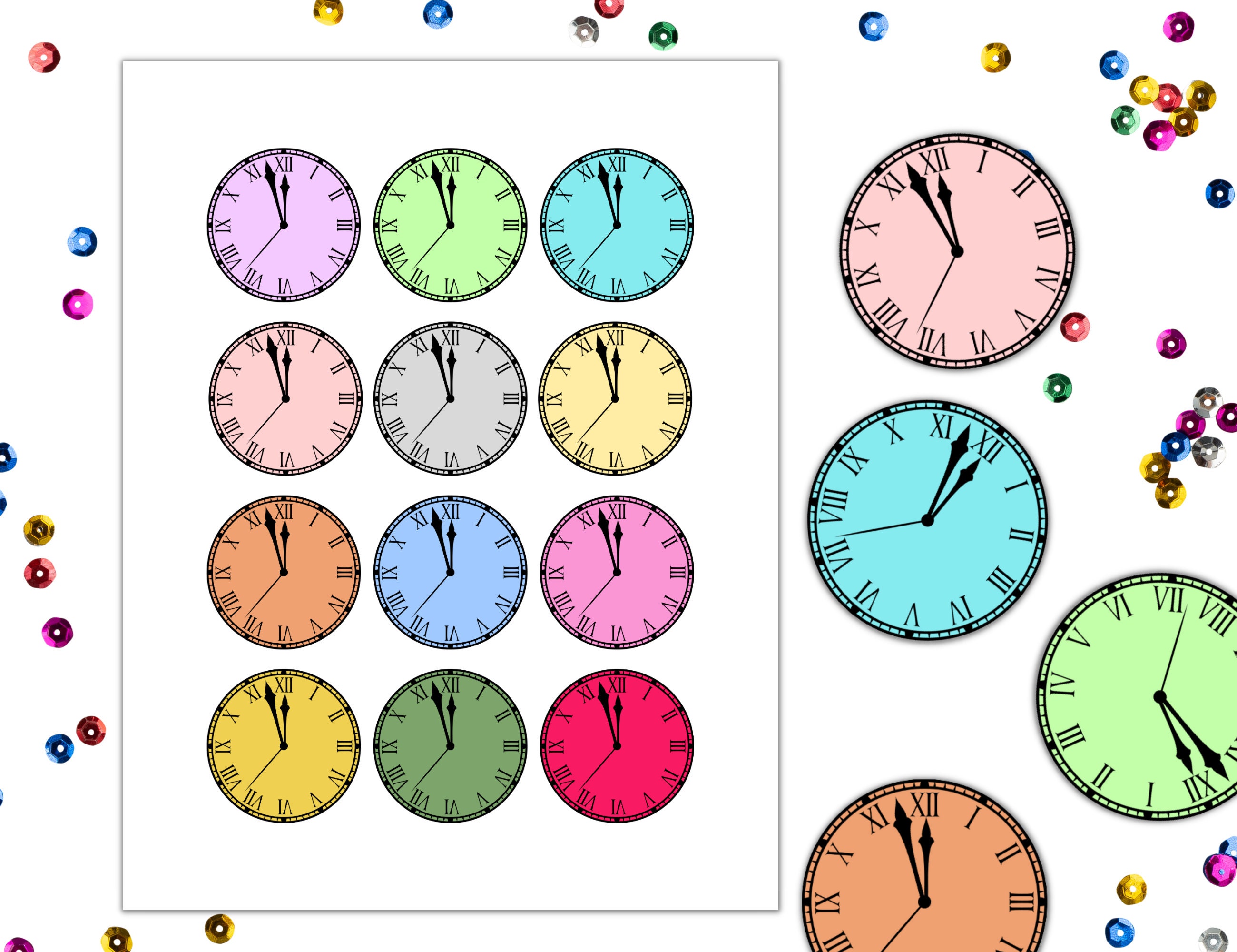 New Years Clock Countdown, New Years Eve Favor, Clock Round Gift Tag