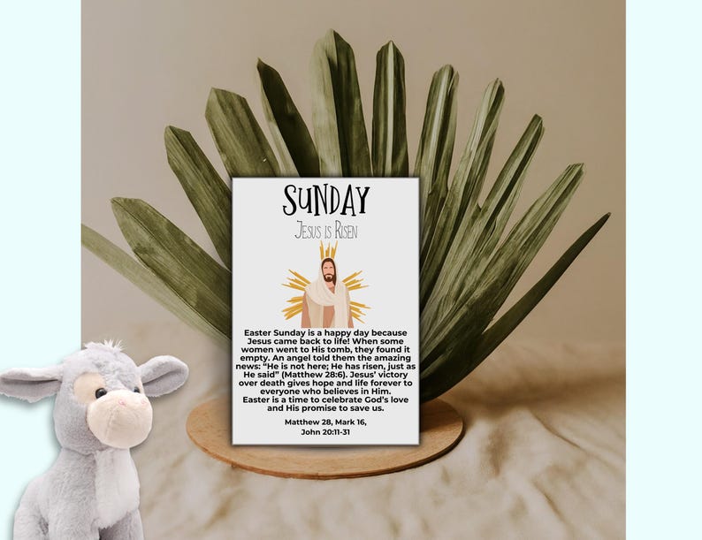 Pu&ograve; includere: Una carta stampabile con uno sfondo verde frondoso e una carta bianca con il testo "SUNDAY JESUS IS RISEN" e un'illustrazione di Ges&ugrave; con un'aureola gialla. Il testo sulla carta dice "Easter Sunday is a happy day because Jesus came back to life! When some women went to His tomb, they found it empty. An angel told them the amazing news: "He is not here; He has risen, just as He said" (Matthew 28:6). Jesus' victory over death gives hope and life forever to everyone who believes in Him. Easter is a time to celebrate God's love and His promise to save us. Matthew 28, Mark 16, John 20:11-31"