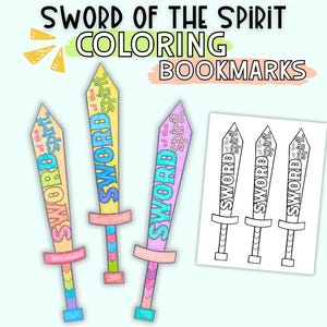 May include: Three printable colouring pages featuring sword shapes with the text "Sword of the Spirit" written on each. The swords are in different colours: pink, blue, and yellow. The text is in a colourful, playful font.