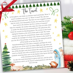 A etiqueta de Natal da história da toalha, o poema de Natal da toalha, as etiquetas de presente de toalha, etiquetas de presente para toalhas, etiquetas de presente de Natal cristão, religiosas