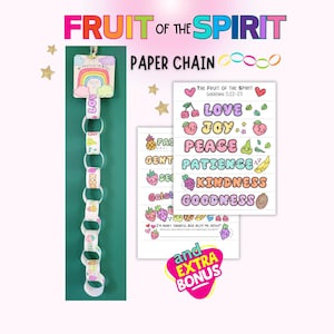 Cadena de papel del fruto del Espíritu: manualidad imprimible para niños, actividad para colorear de una lección bíblica, hoja para colorear de los frutos del Espíritu para la escuela dominical. imagen 1