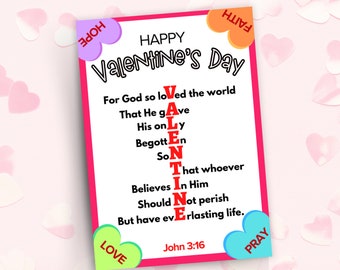 Johannes 3:16 Valentinstag Bibel-Vers-Karten, druckbare Schriftkarten, christlicher Valentinstag, Bibel-Valentinstag für Kinder, Valentinstag-Akronym