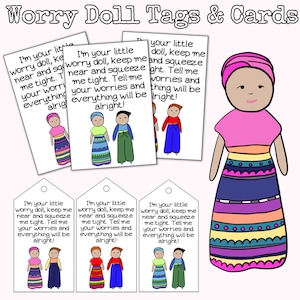 Etiquettes et cartes pour poupées soucis, carte de poupées soucis pour petite poupée guatémaltèque, petite poupée mexicaine, poème de poupées soucis, la légende de la poupée soucis