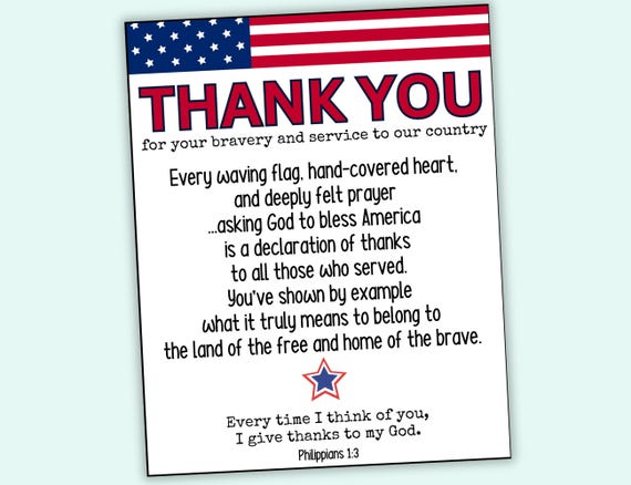 Thank You Cards for Veterans, Thank you Veterans, Printable Veterans Day Cards, Thank a Veteran, Support out Troops, Veterans Thank You Gift