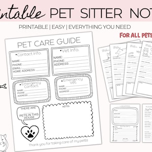 Printable Pet Sitter Notes, Checklist for Pet and House Sitting, Pet Sitter Instructions,