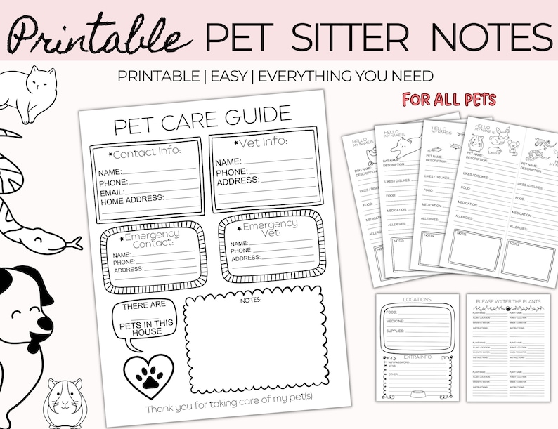 Printable Pet Sitter Notes, Checklist for Pet and House Sitting, Pet
