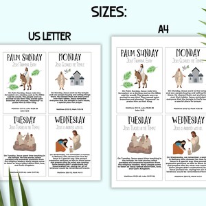 Pu&ograve; includere: Carte stampabili con illustrazioni e testo sugli eventi della Domenica delle Palme, luned&igrave;, marted&igrave; e mercoled&igrave; della Settimana Santa. Le carte sono disponibili in due formati: US Letter e A4.