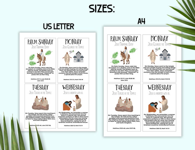 Pu&ograve; includere: Carte stampabili con illustrazioni e testo sugli eventi della Domenica delle Palme, luned&igrave;, marted&igrave; e mercoled&igrave; della Settimana Santa. Le carte sono disponibili in due formati: US Letter e A4.