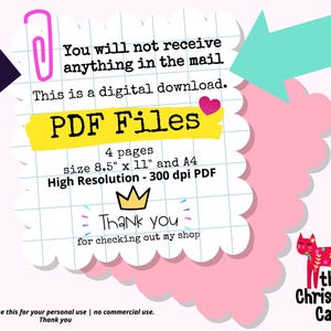 Puede incluir: Gr&aacute;fico de descarga digital con el texto "PDF Files" en una pancarta amarilla. La imagen incluye el texto "No recibir&aacute;s nada por correo. Esta es una descarga digital." y "Gracias por visitar mi tienda."