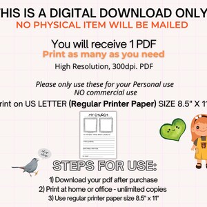 May include: Printable digital download for a "My Church" journal. The printable features a blank page with lines for writing. The printable is designed to be printed on 8.5 x 11 inch paper.