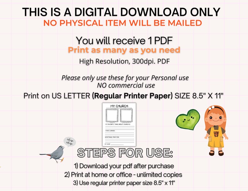 May include: Printable digital download for a "My Church" journal. The printable features a blank page with lines for writing. The printable is designed to be printed on 8.5 x 11 inch paper.