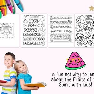Puede incluir: Imagen colorida con ni&ntilde;os, p&aacute;ginas para colorear y crayones. Las p&aacute;ginas para colorear tienen el texto "El fruto del Esp&iacute;ritu" e incluyen ilustraciones de frutas y palabras como "Amor" y "Alegr&iacute;a". Tambi&eacute;n se muestra una sand&iacute;a con gafas.