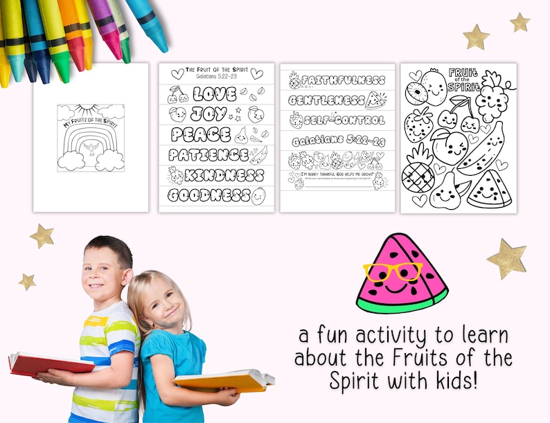 Puede incluir: Imagen colorida con ni&ntilde;os, p&aacute;ginas para colorear y crayones. Las p&aacute;ginas para colorear tienen el texto "El fruto del Esp&iacute;ritu" e incluyen ilustraciones de frutas y palabras como "Amor" y "Alegr&iacute;a". Tambi&eacute;n se muestra una sand&iacute;a con gafas.