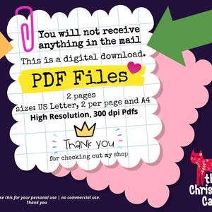 May include: Digital download graphic with text: "You will not receive anything in the mail. This is a digital download. PDF Files." Includes size details, resolution, and a thank you message. Features a pink cat illustration.