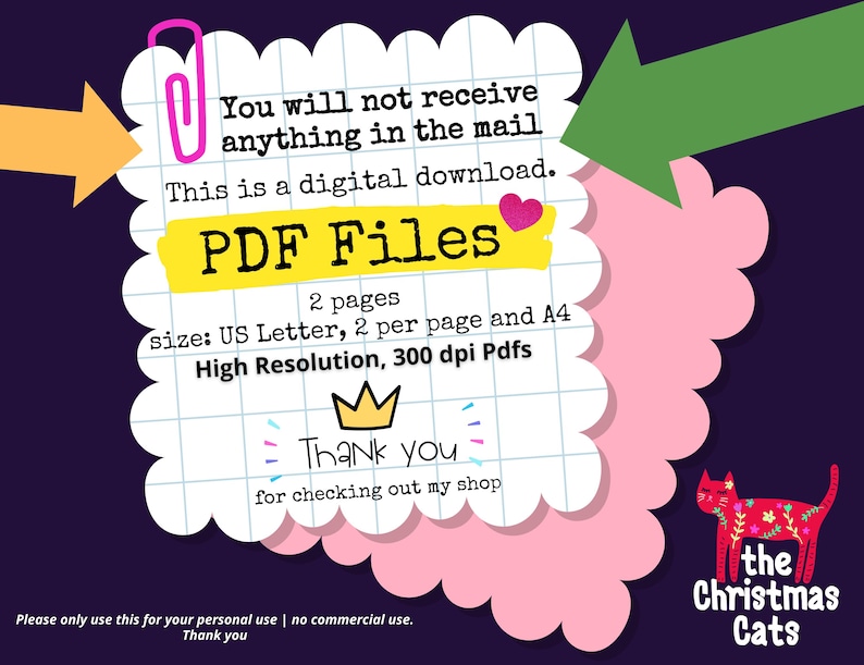 May include: Digital download graphic with text: "You will not receive anything in the mail. This is a digital download. PDF Files." Includes size details, resolution, and a thank you message. Features a pink cat illustration.
