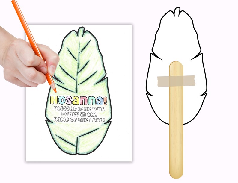 May include: A printable palm leaf craft with the words "Hosanna! Blessed is he who comes in the name of the Lord!"  The leaf is outlined in black and can be colored in.  The craft is designed to be attached to a craft stick.