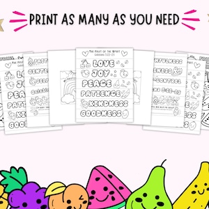 Puede incluir: Una colecci&oacute;n de p&aacute;ginas para colorear imprimibles con el texto "PRINT AS MANY AS YOU NEED". Las p&aacute;ginas presentan las palabras "LOVE, JOY, PEACE, PATIENCE, KINDNESS, GOODNESS" e ilustraciones de frutas. Las p&aacute;ginas son en blanco y negro.