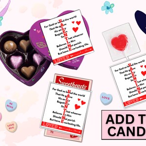 K&ouml;nnte beinhalten: Ein Bild zum Valentinstag mit einer herzf&ouml;rmigen Schachtel Pralinen, herzf&ouml;rmigen S&uuml;&szlig;igkeiten und einem herzf&ouml;rmigen Lutscher. Die Schachtel und die Karten zeigen den Text "For God so loved the world..." und "Valentine". Die S&uuml;&szlig;igkeiten haben Botschaften wie "Be Mine".