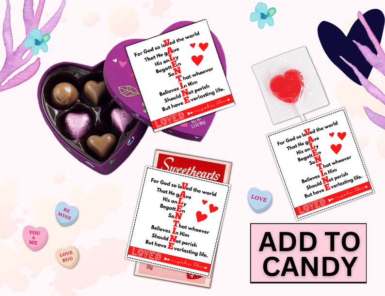 K&ouml;nnte beinhalten: Ein Bild zum Valentinstag mit einer herzf&ouml;rmigen Schachtel Pralinen, herzf&ouml;rmigen S&uuml;&szlig;igkeiten und einem herzf&ouml;rmigen Lutscher. Die Schachtel und die Karten zeigen den Text "For God so loved the world..." und "Valentine". Die S&uuml;&szlig;igkeiten haben Botschaften wie "Be Mine".