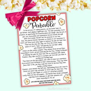 May include: A printed card titled "Popcorn Parable" with a description of the parable. The card has a red border and popcorn graphics. A pink bow is at the top, and popcorn is scattered around the edges. The text is in English.