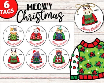 Cats in Ugly Christmas Sweaters, Meowy Christmas Cat Gift Tags, Printable Round Christmas Gift tags, Cat Lovers Christmas