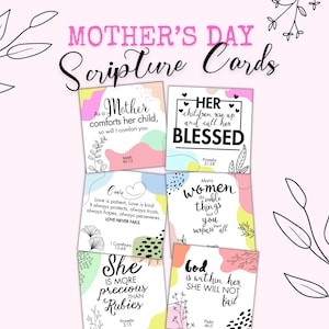 May include: Mother's Day Scripture Cards with inspirational quotes. The cards feature colorful abstract backgrounds and floral accents. The text includes phrases like "Blessed", "Love Never Fails", and "She is more precious than Rubies".
