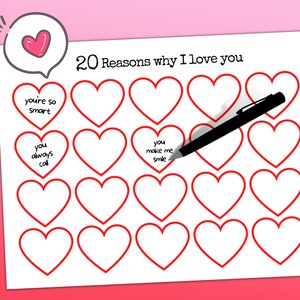 Redenen waarom ik van je hou afdrukbaar voor kinderen en volwassenen, Valentijnsdag Reden waarom ik van je hou Kaart afdrukbaar 20-jarig jubileumcadeau voor man