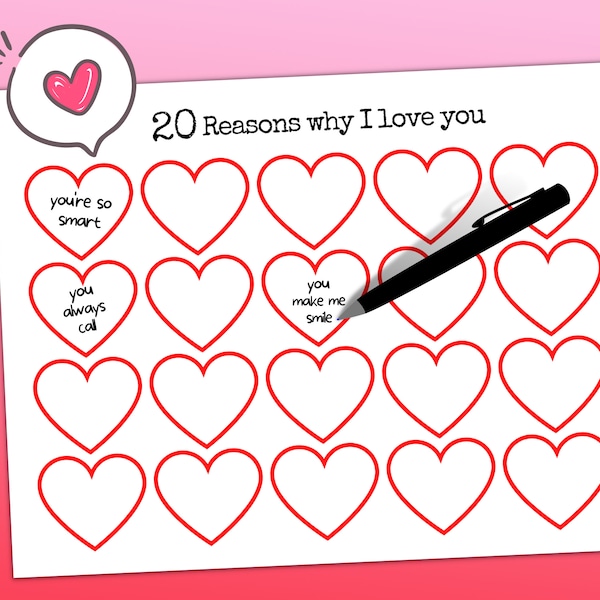 Reasons Why I Love you Printable for Kids and Adults, Valentines Reason why I Love You Card Printable 20th Anniversary Gift for Husband