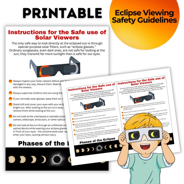 Eclipse Viewing Safety Printable Eclipse Safety Tips & Guidelines for Solar Eclipse Glasses, Poster for Eclipse 2024 April 8th, How to Watch